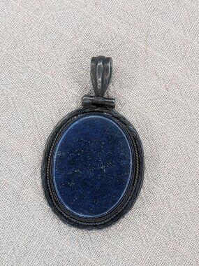 Vintage 925 Sterling Silver Lapis Lazuli Oval Pendant Artisan Boho